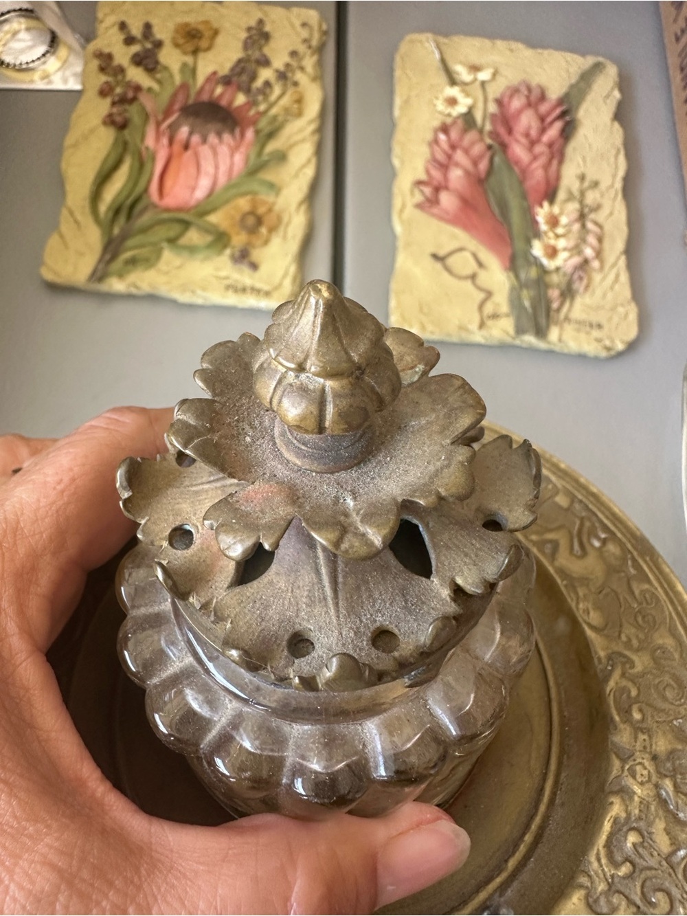 Antique-Style Brass and Glass Inkwell - Gold Finish - Picture 2 of 3